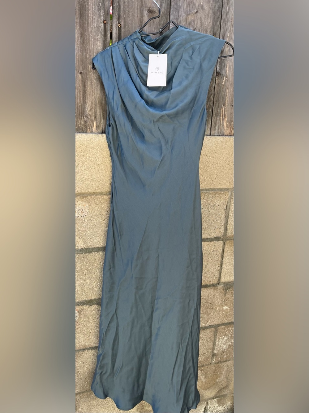 ANINE BING Samantha Dress Steel Blue 100% Silk Satin Mock Neck Bias Cut Size S - Picture 3 of 16